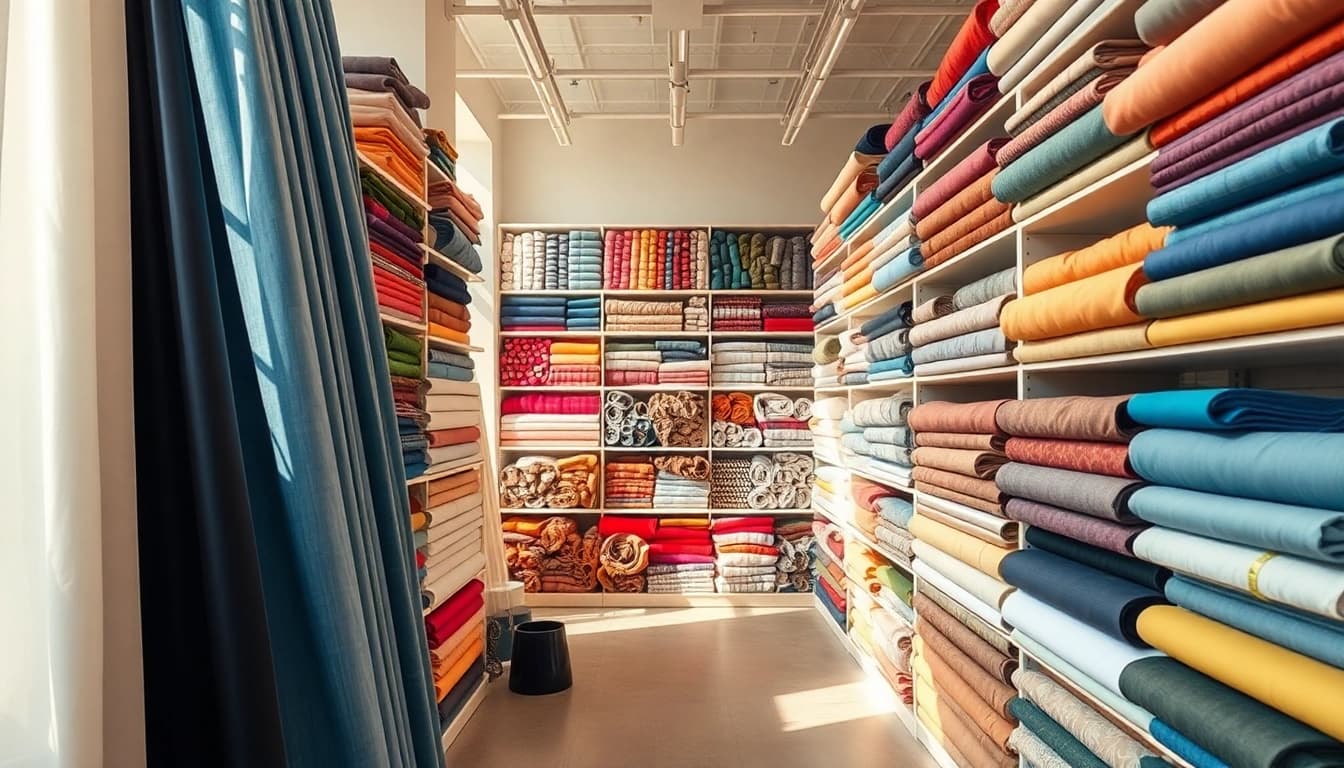Koop stof per meter met diverse opties in een moderne stoffenwinkel.