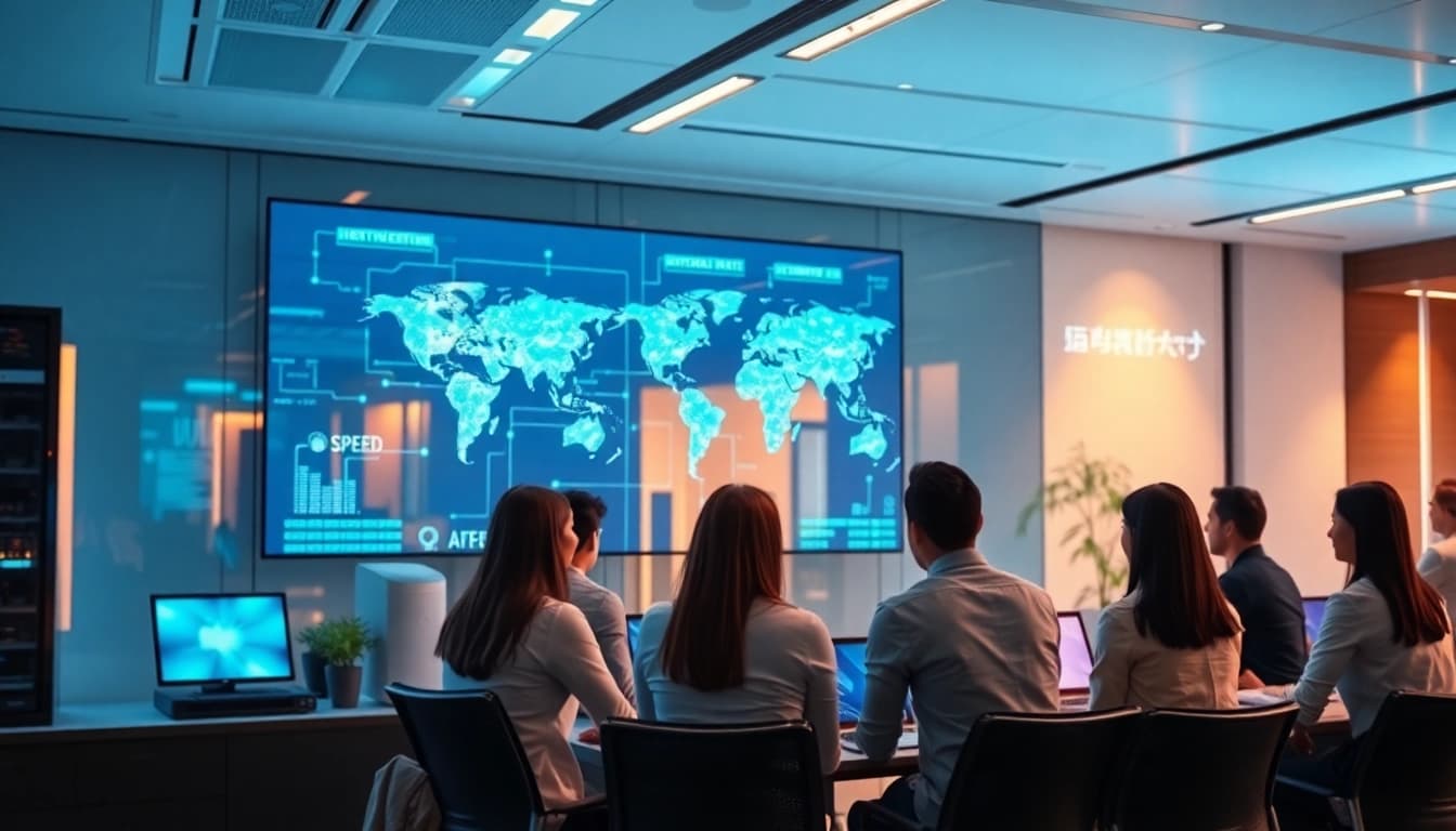 Explore fast and secure global connectivity with 快连官网 in a modern tech office setting.