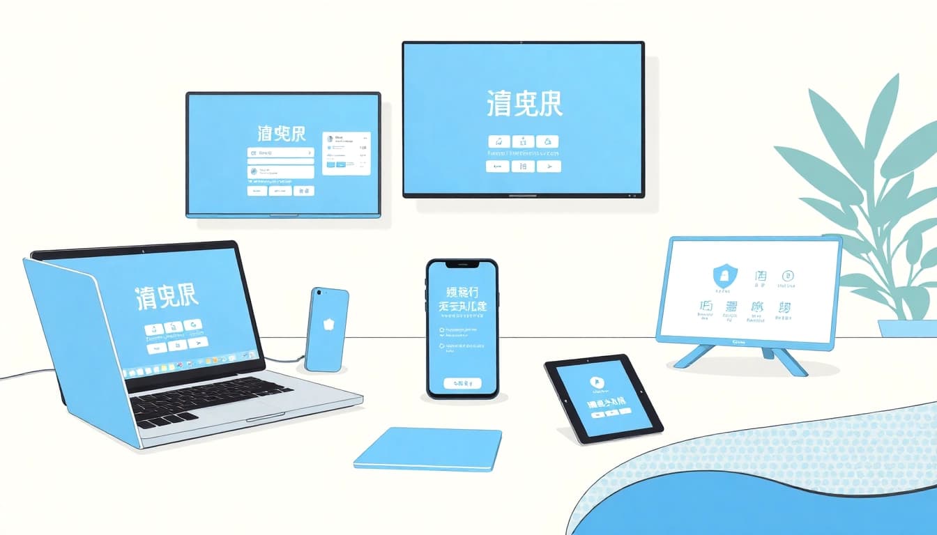 快连官网 interface displayed on various devices in a modern workspace, highlighting advanced network security features.