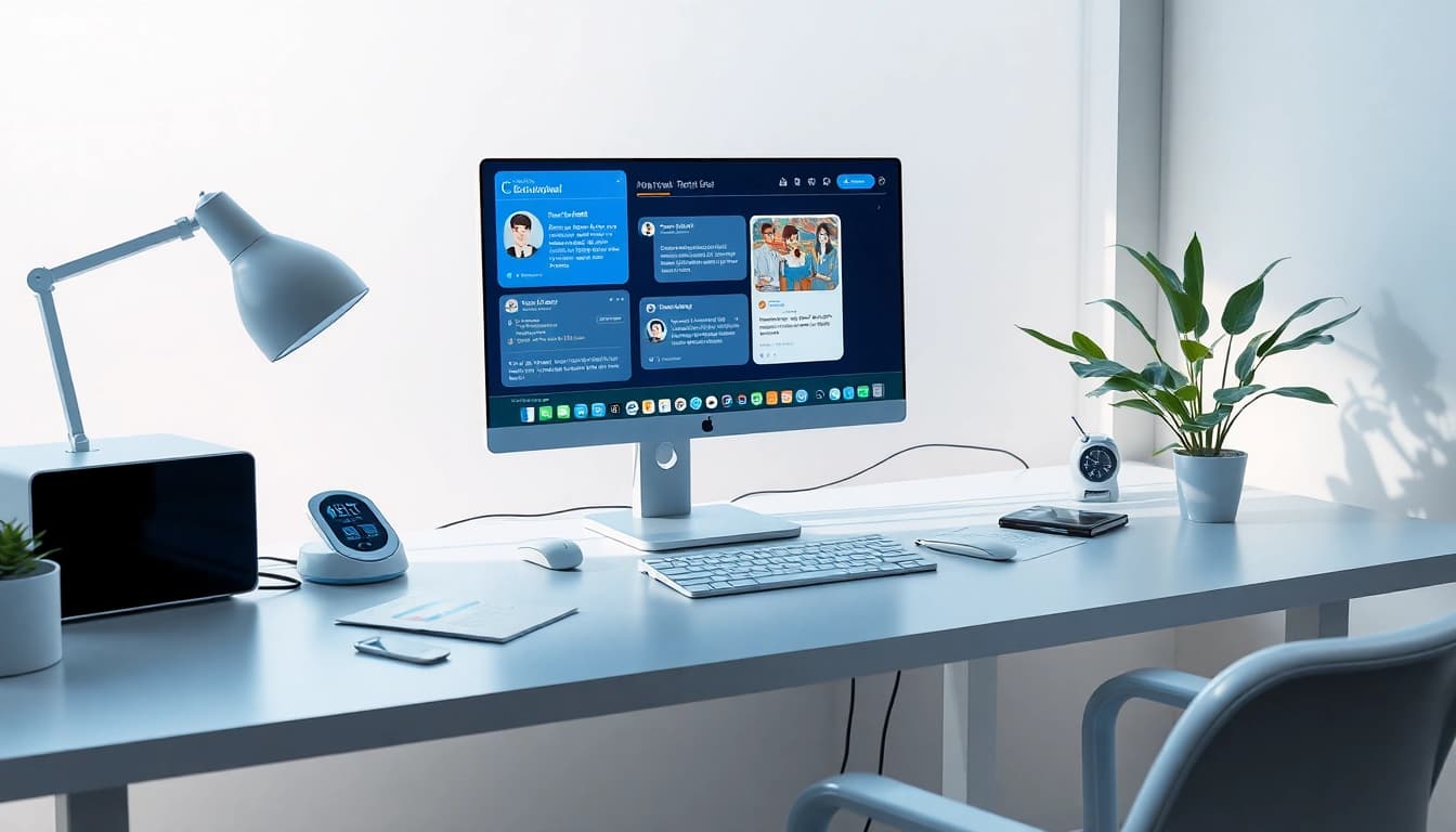 Engaging workspace showcasing crushonai AI chat, featuring tech devices and character illustrations.