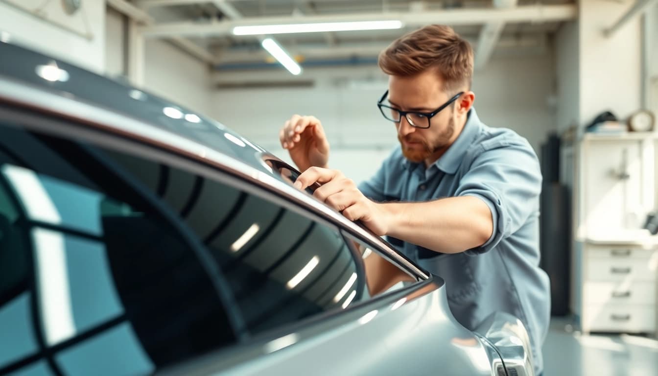 Expert technician applying auto window tint near me for perfect car aesthetics and safety.