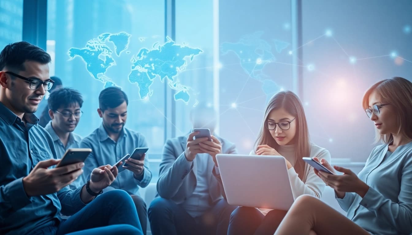 Experience seamless connectivity with 快连官网, showcasing users on diverse devices in a modern, tech-savvy environment.