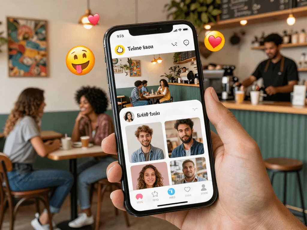Engaging smartphone interface showing profiles for users with crush on potential matches in a lively café