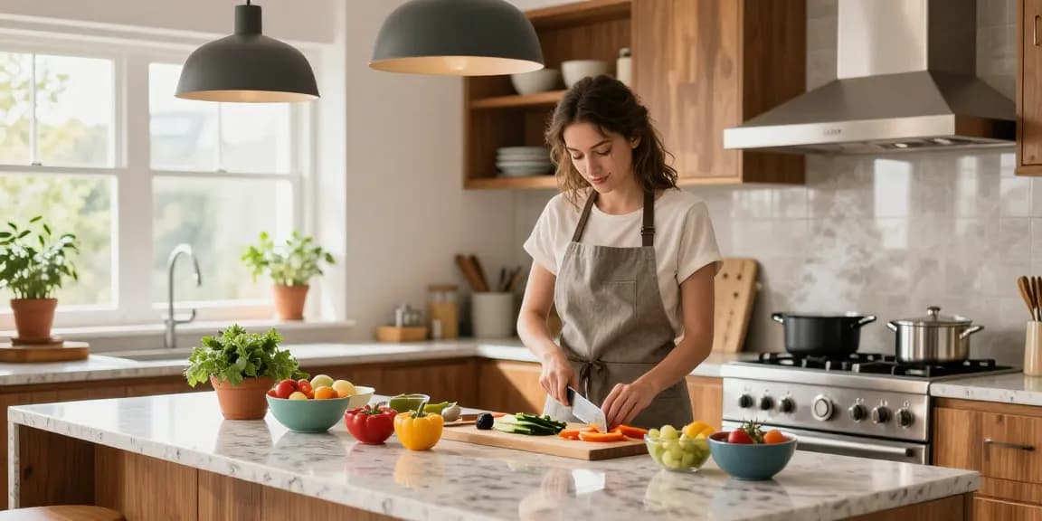 Creating a stylish meal in a modern urban kitchen with fresh vegetables and warm lighting.