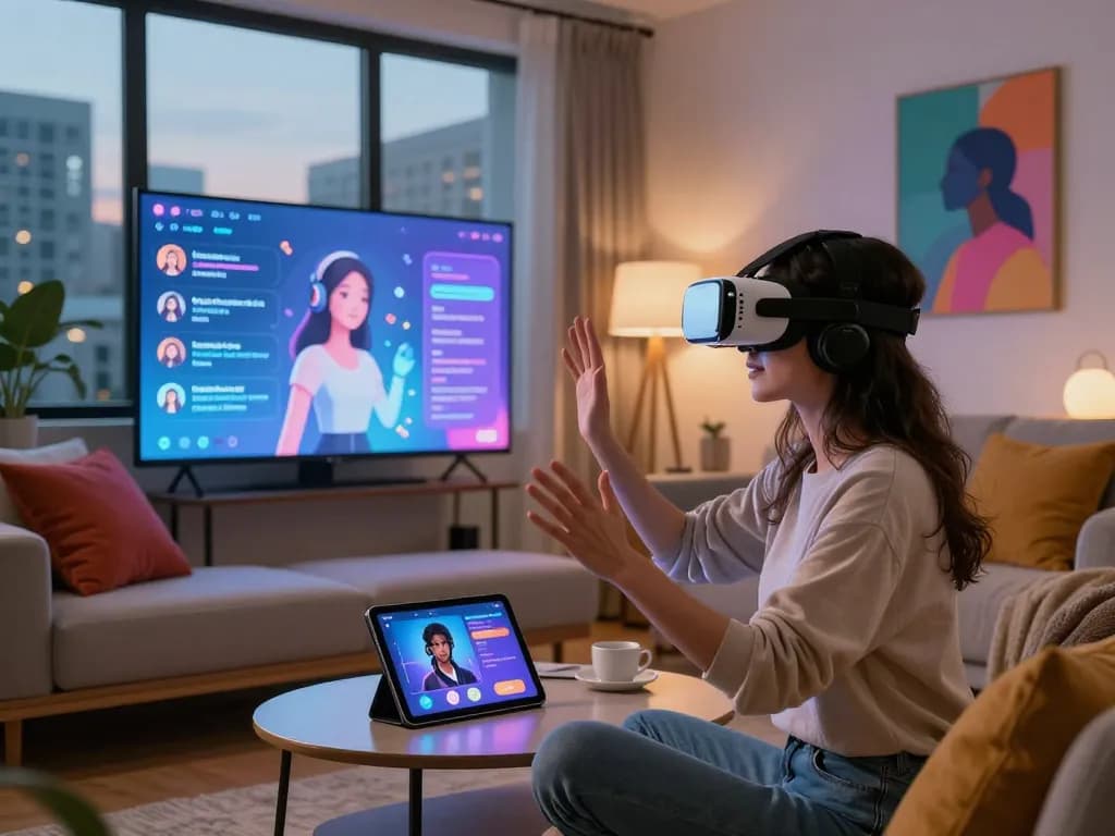 Engaging with girlfriend AI in a cozy futuristic urban setting, showcasing technology and companionship.