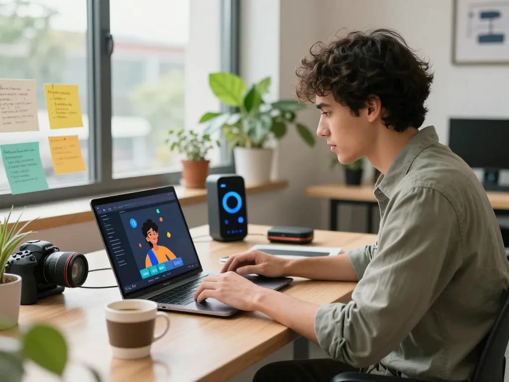 Diving into crush ai interactions in a modern office setup, showcasing vibrant character animations on a user's laptop.