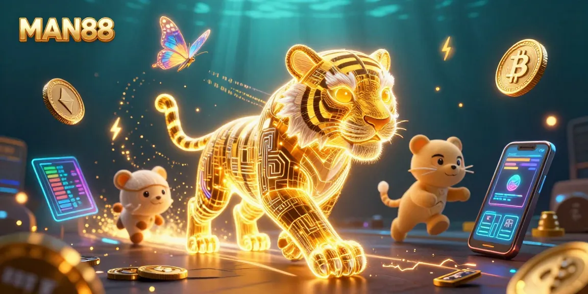 Experience the thrill of MAN88 with a golden tiger illuminating a digital casino landscape.