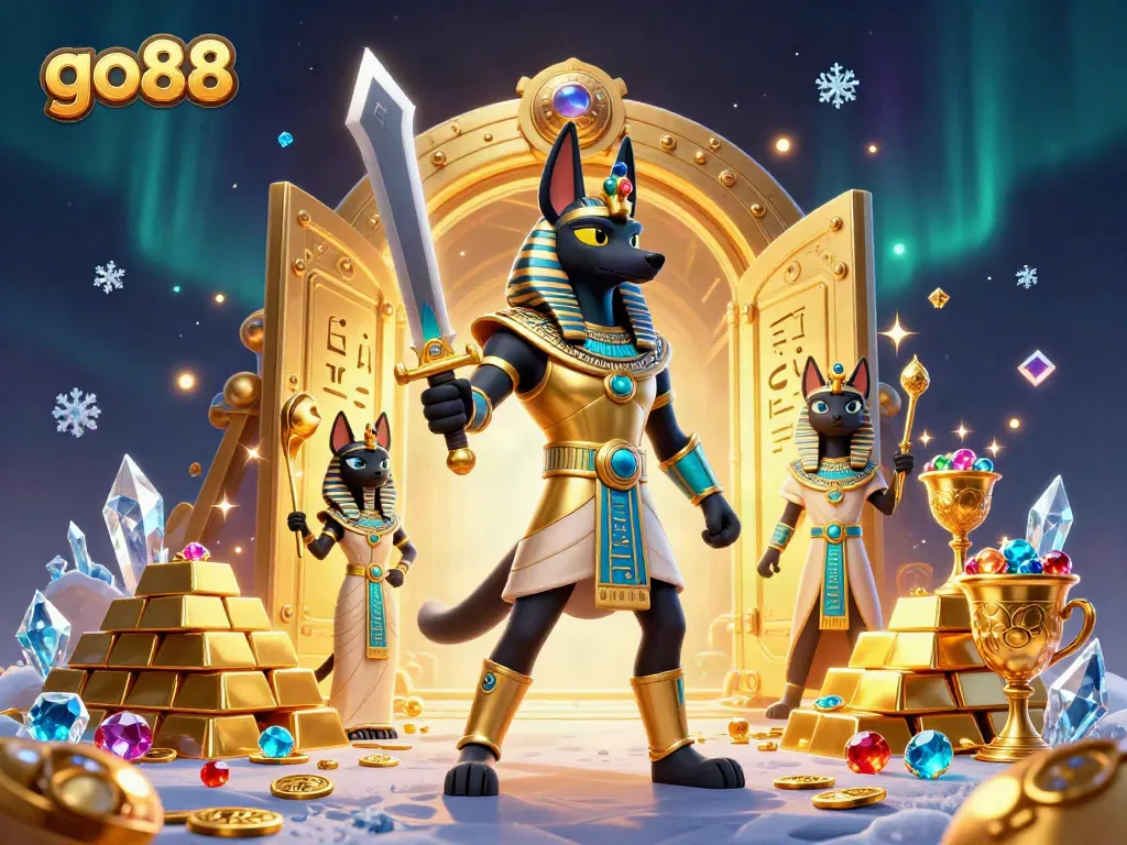 Experience thrilling casino adventures with go88's vibrant 3D gaming illustration featuring Anubis and Bastet.