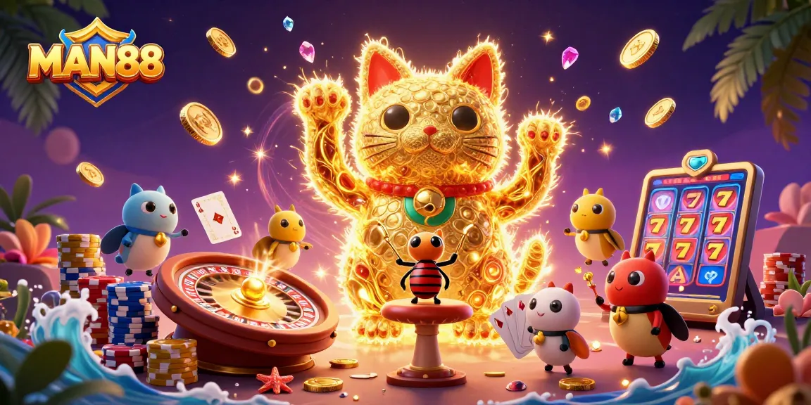 Experience the thrilling world of MAN88 with dynamic gaming elements in a vibrant casino scene.