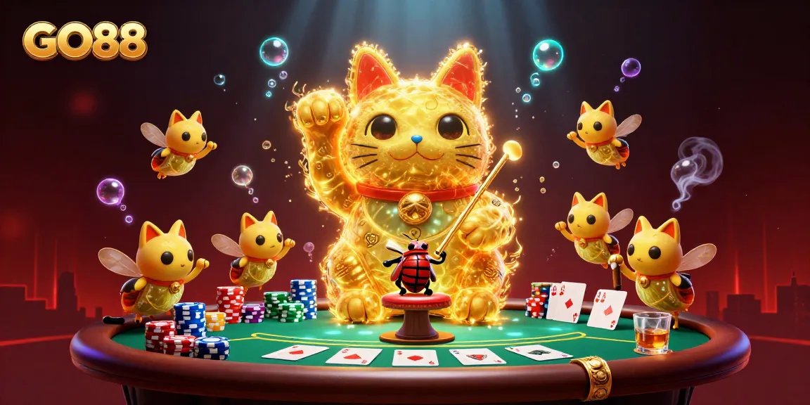 Experience GO88 with a vibrant 3D illustration of a lucky cat amidst rich casino elements.