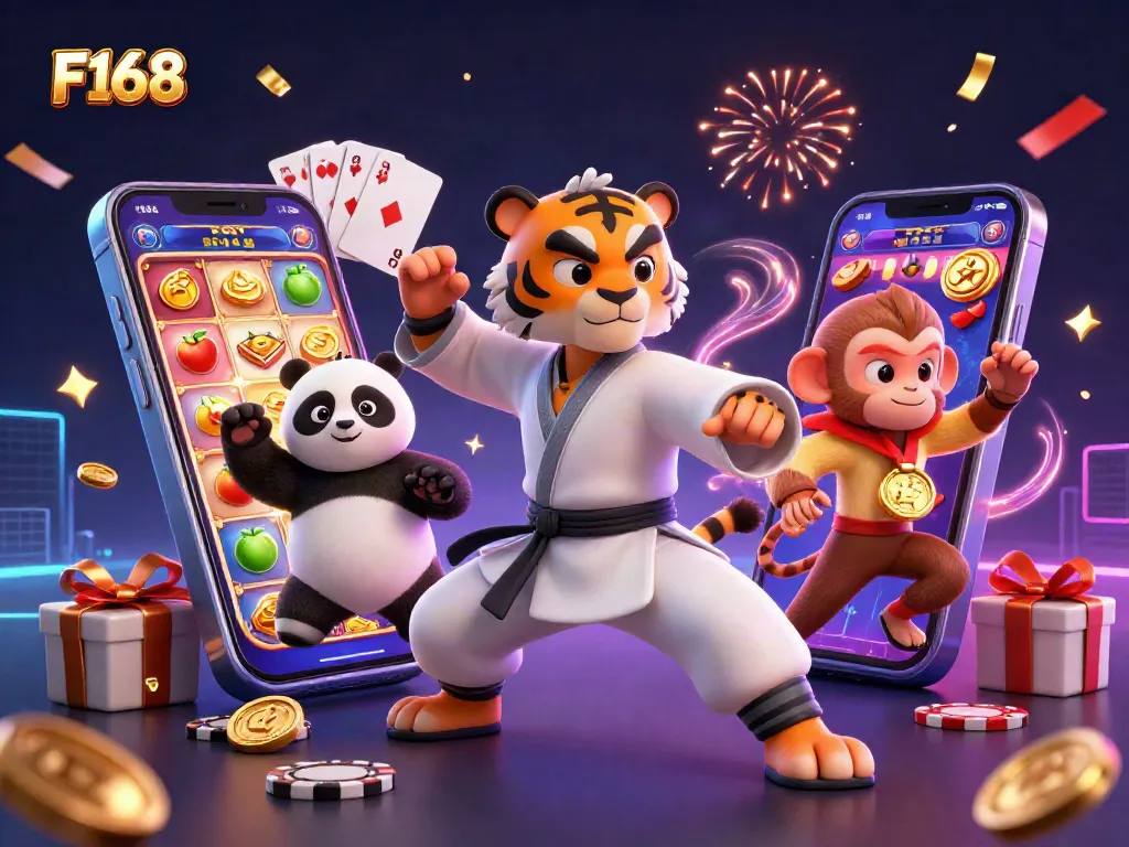 Capture the excitement of F168 with a kung fu tiger amidst slot games and vibrant casino elements.