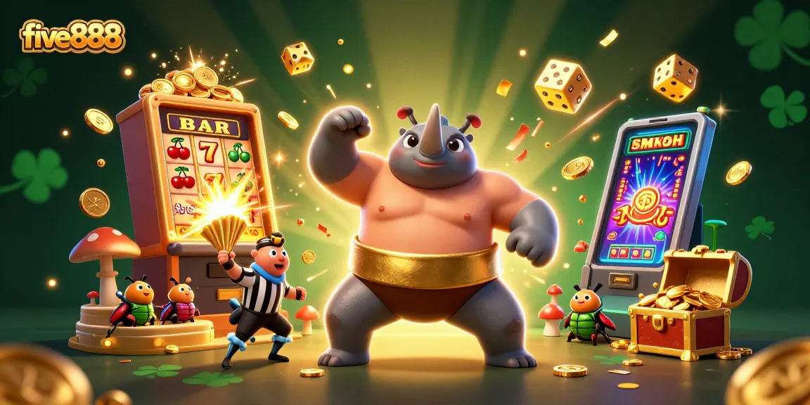Experience thrilling wins with five888 as a sumo beetle stomps coins amidst a lively casino scene.