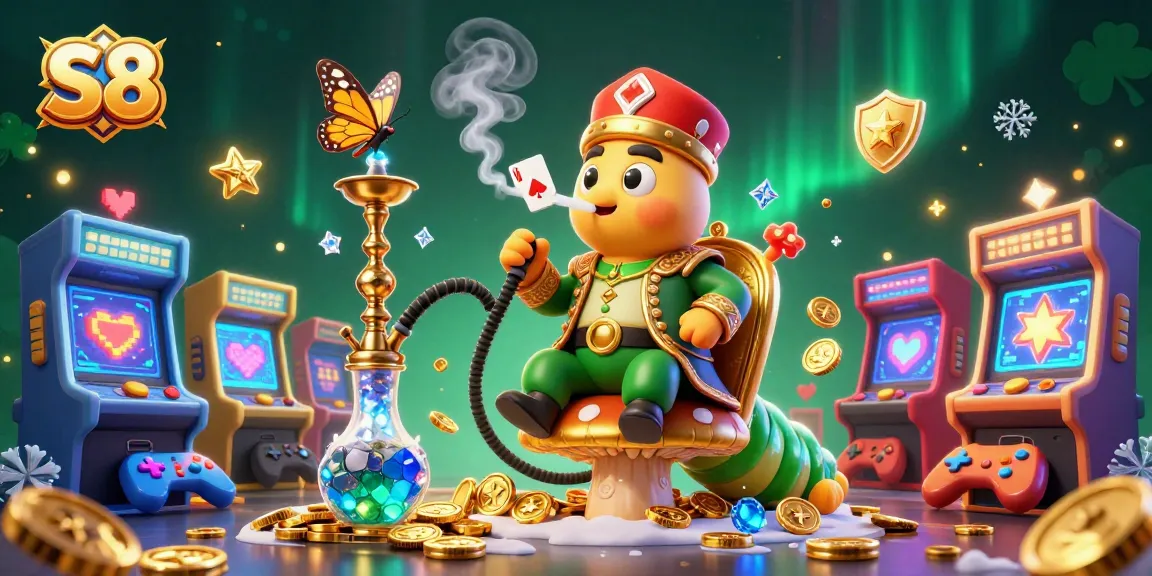 S8 casino illustration featuring a vibrant scene with a caterpillar master and poker symbols creating an engaging gaming experience.