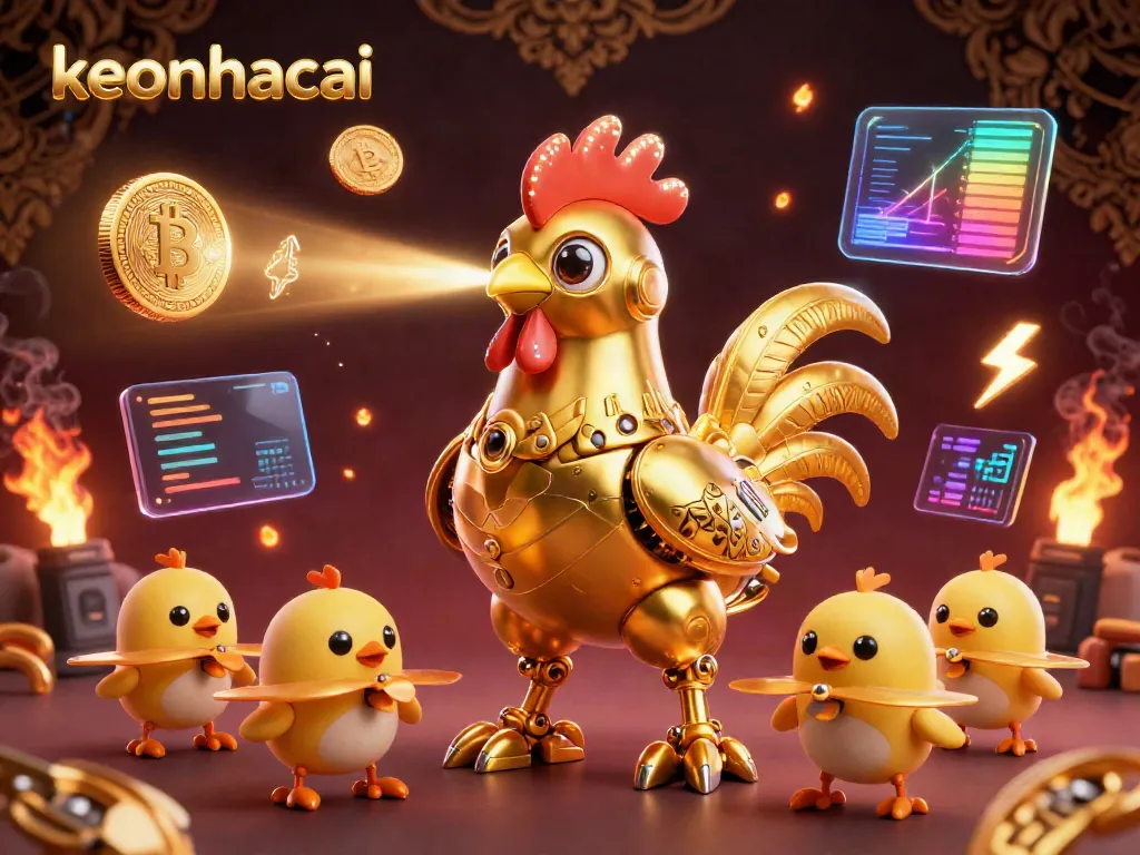 Experience keonhacai's dynamic 3D gambling scene with a golden rooster robot and crypto elements.