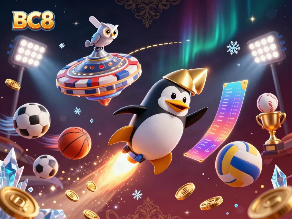 Win big at BC8 with an exciting 3D casino adventure featuring a golden penguin and dynamic sports elements.