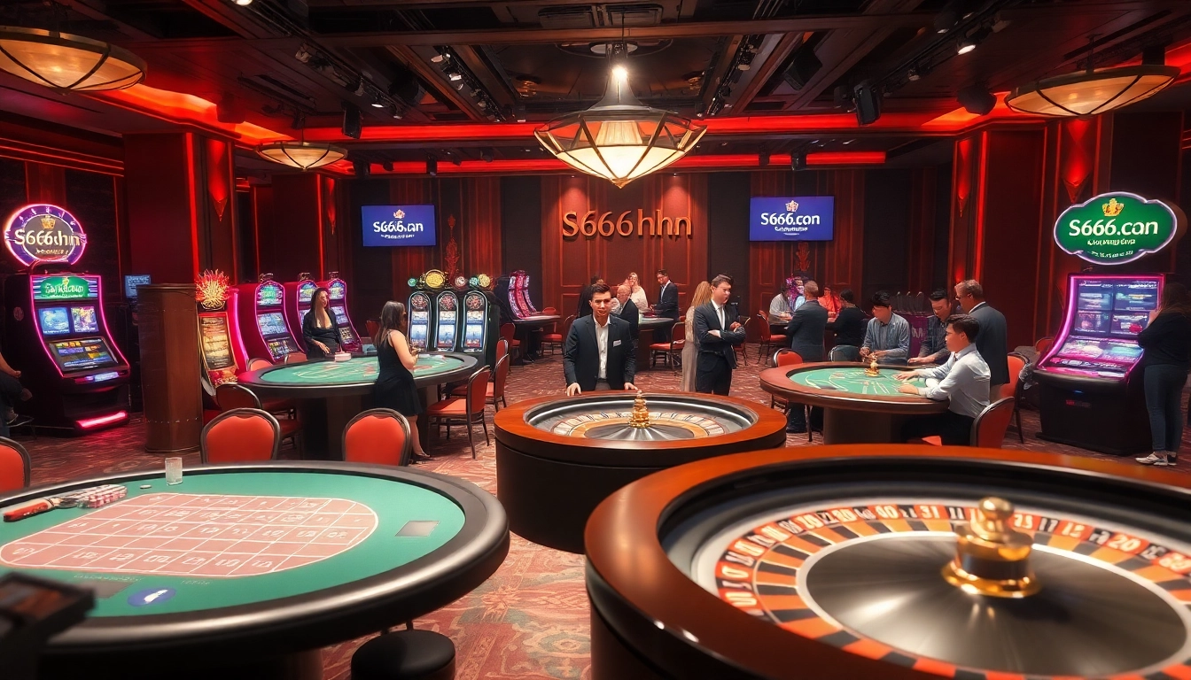 Engaging scene depicting gamblers at S666hn.com with poker tables and slot machines.