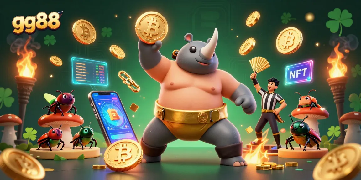 Experience thrilling action at gg88 as a rhinoceros beetle sumo champion stomps golden coins amidst a lively casino scene.