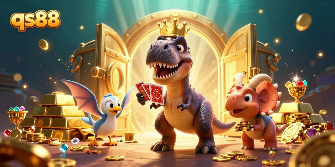 Engage in thrilling gaming action with qs88 as a T-Rex shuffles cards while a triceratops stacks chips.