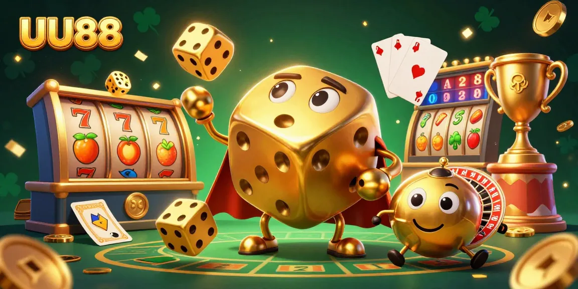 UU88 engages players with vibrant slot machines and dynamic golden dice in an exciting casino setting.