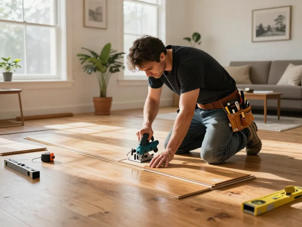 Carpenter installing hardwood flooring, emphasizing quality Bygg services in a modern home.