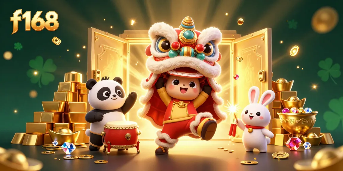 Experience thrilling wins at f168 with a vibrant 3D scene featuring dynamic characters and gaming elements.