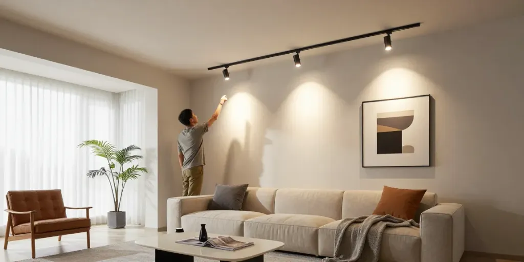 Iluminat cu sina magnetică în interior modern, oferind o atmosferă elegantă.