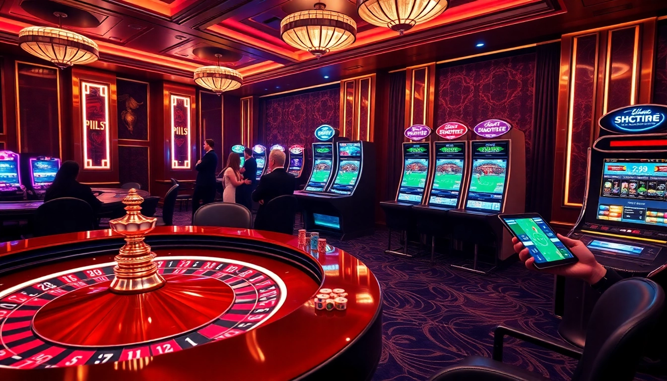 Experience trực tiếp bóng đá with high-stakes action at a vibrant casino scene featuring poker tables and digital interfaces.