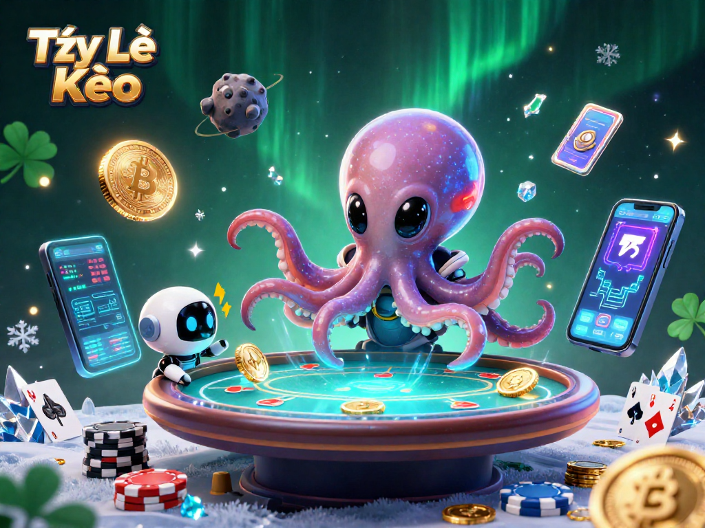 Engage in Tỷ Lệ Kèo with a captivating alien octopus and its robot in a vibrant casino scene.