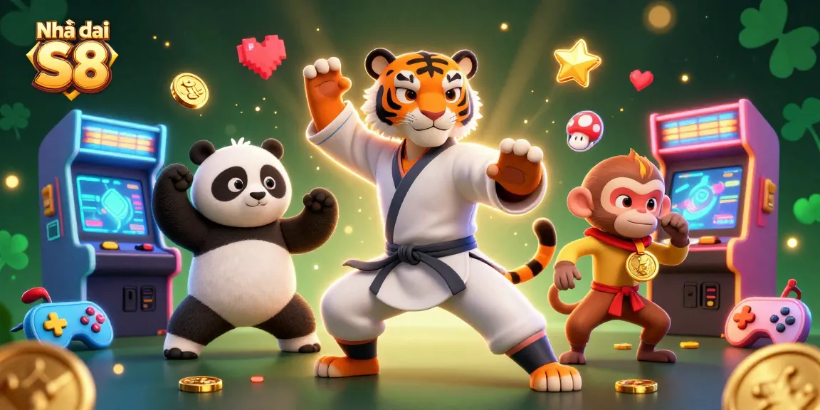 Engage with the excitement of Nhà cái S8 featuring a dynamic 3D casino scene with playful characters and vibrant game elements.