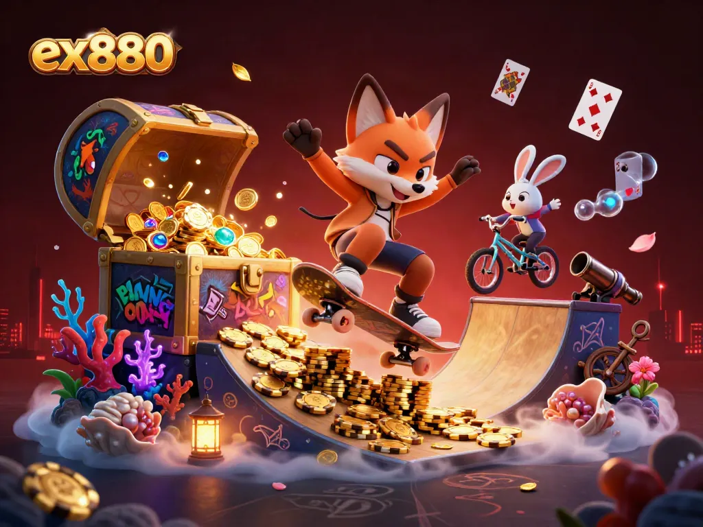 Experience the thrill of ex880 with clever tricks and lively casino elements in this vibrant scene.