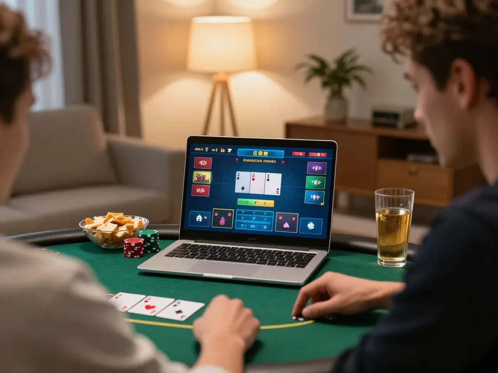 Player strategizing in a poker game on laptop at home, showcasing Net 88's online casino.