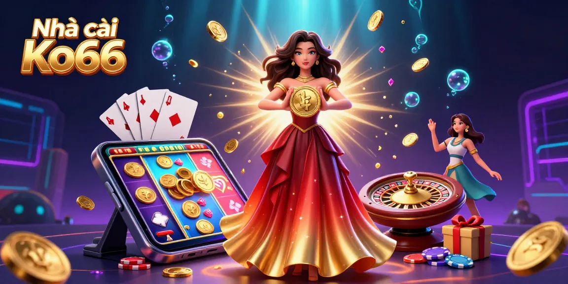 Experience thrilling gambling at Nhà cái Ko66 with a stunning illustration of a woman celebrating a jackpot.