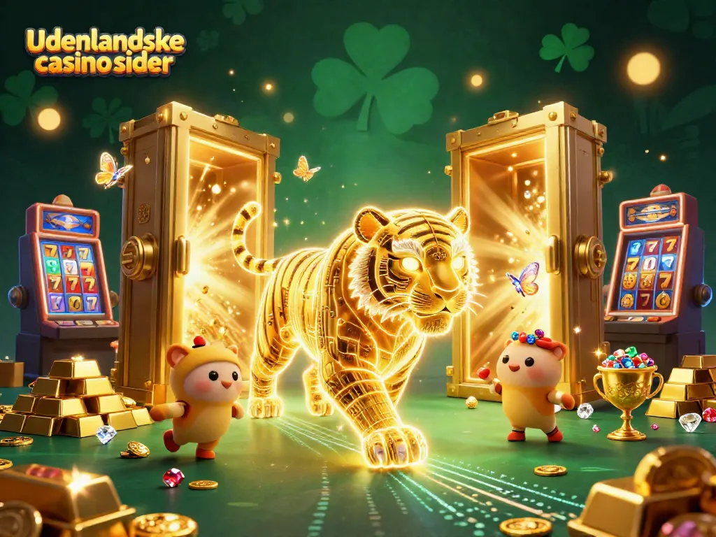 Engage with the vibrant scene of udenlandske casino sider featuring a neon golden tiger in a dynamic casino landscape.