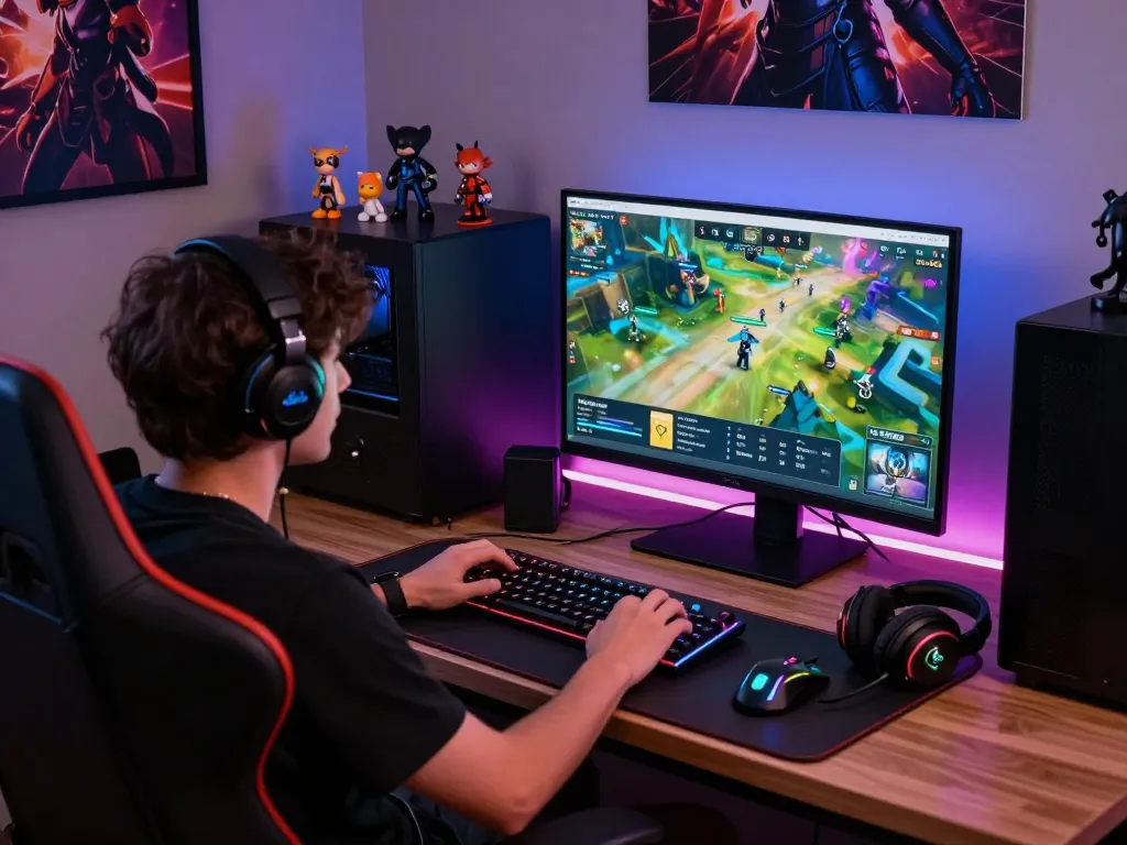 Gamer enjoying Rik VIP online gaming experience in an inviting setup with LED lights and gaming accessories.