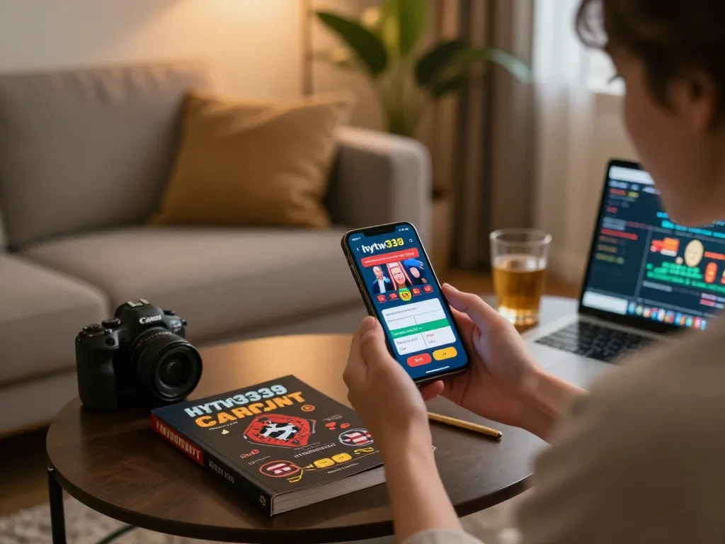 Experience online gaming with the hytw3339 app on a sleek smartphone in a cozy home setting