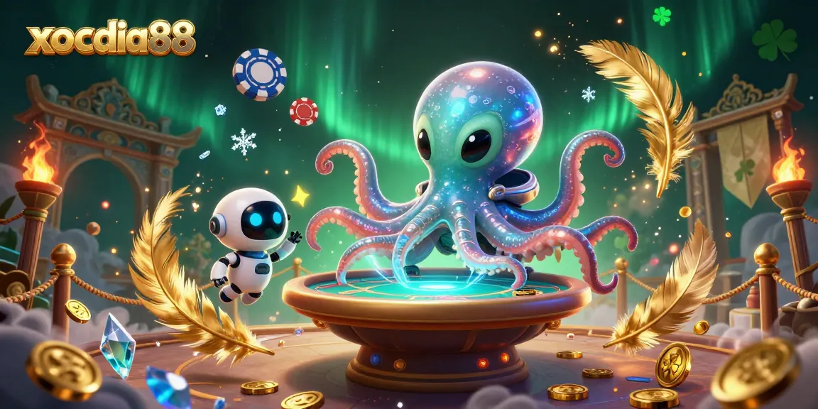 Xocdia88 offers a thrilling gaming experience with a vibrant alien-themed illustration showcasing a floating poker table and cosmic chips.