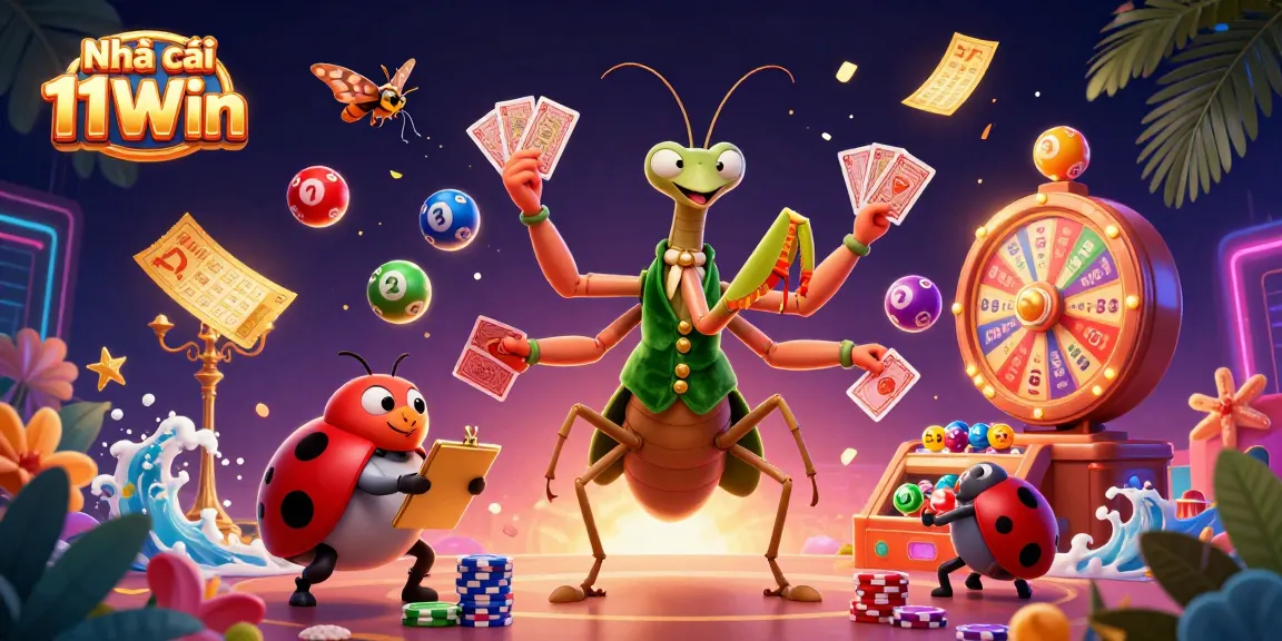 Engage with Nhà cái 11Win through the vibrant 3D casino scene featuring colorful lottery elements and animated characters.