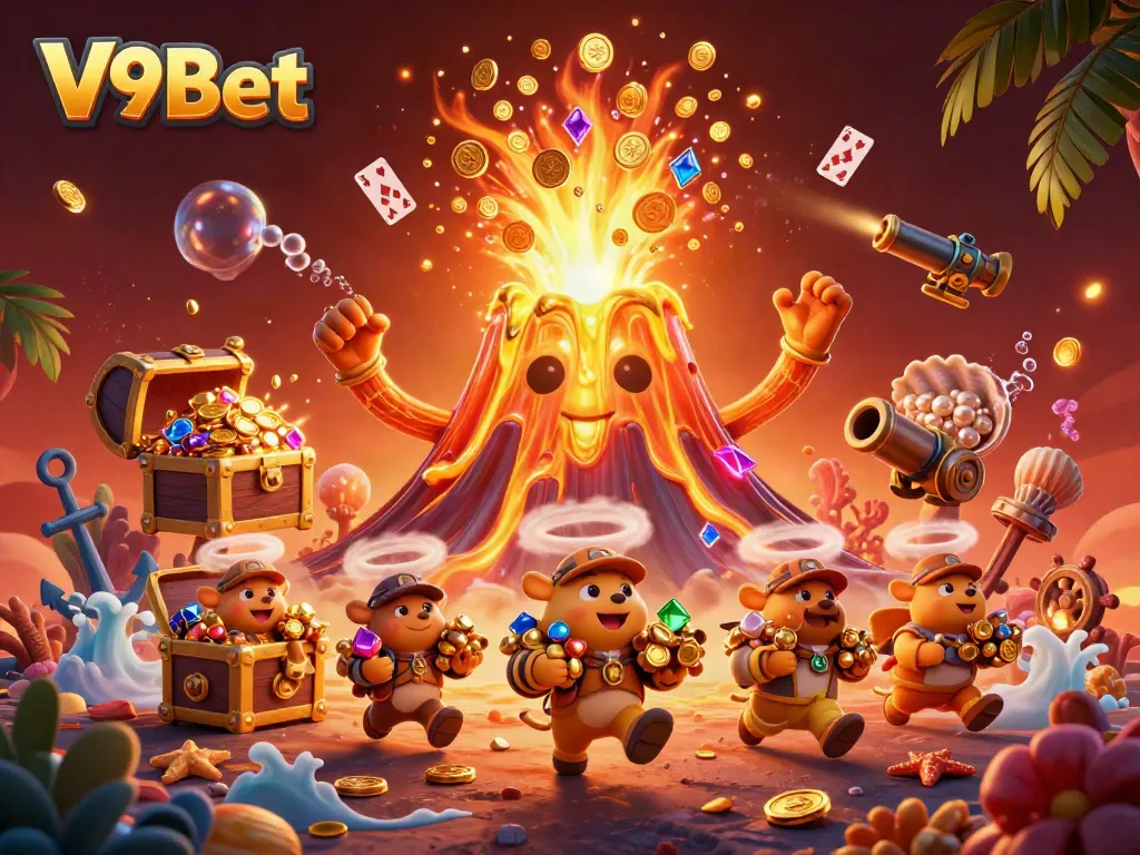 Experience thrilling wins with V9Bet's magical treasure eruption in a vibrant 3D illustration.