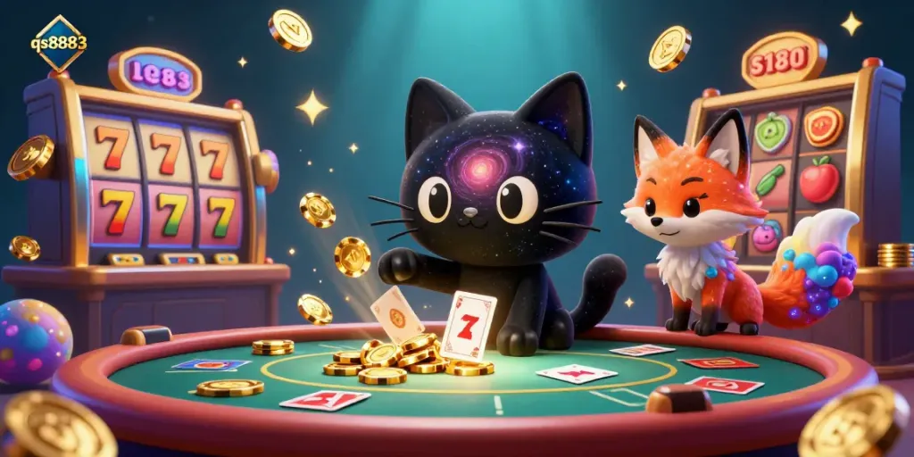 Experience the excitement of qs8883 as a black hole cat charms golden casino chips and cards.