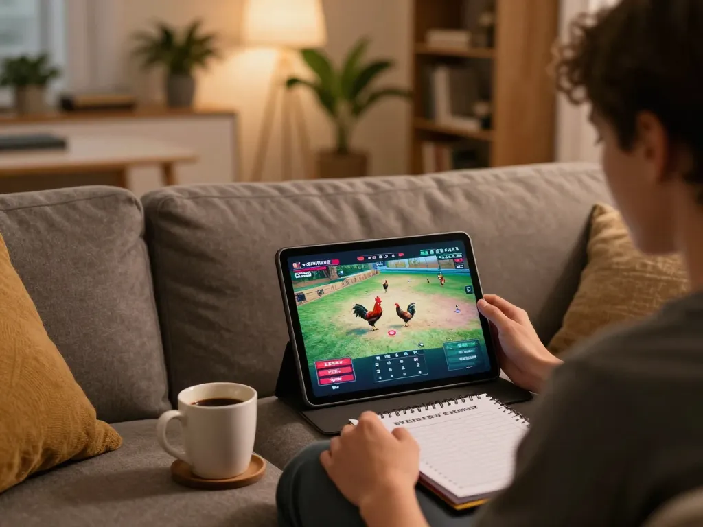 xem lại đá gà hôm nay on an online tablet setup in a cozy living room for engaging rooster fighting events.