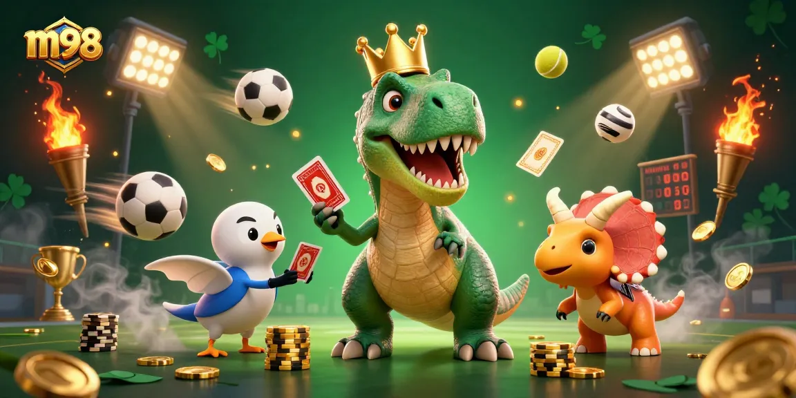 ภาพการ์ตูน 3D ที่น่ารักของ T-Rex สวมมงกุฎทองกำลังจัดไพ่ในคาสิโน m98