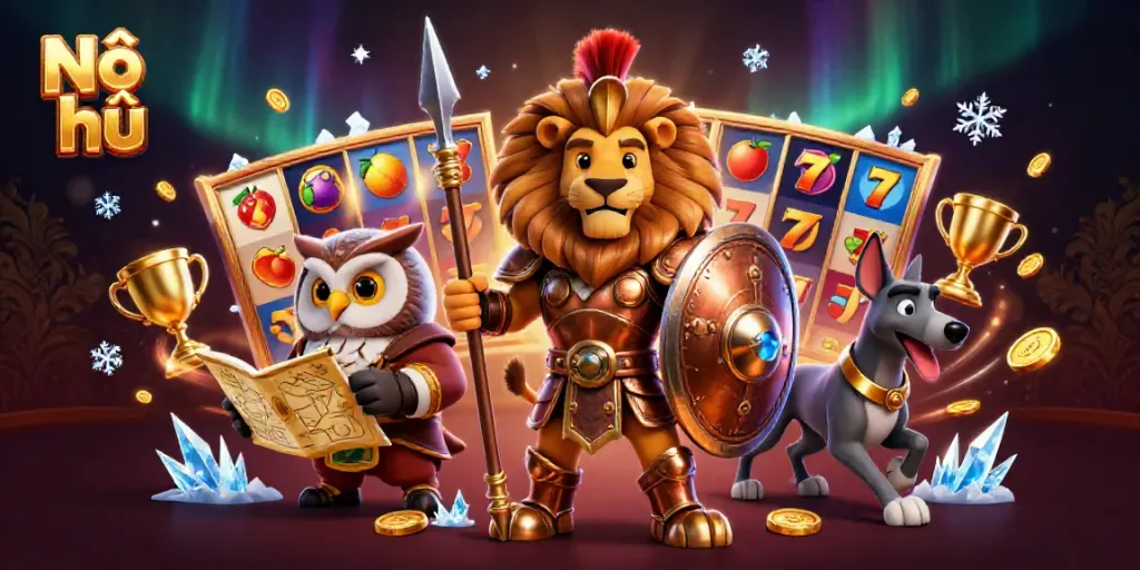 Nổ hũ presents a dynamic 3D scene with a Spartan lion, owl strategist, and greyhound surrounded by slot game elements.