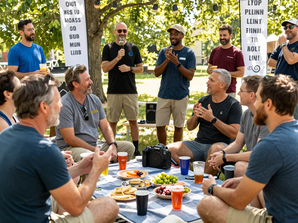 A group of men enjoying an outdoor gathering at a man club, sharing stories and building connections in a supportive environment.