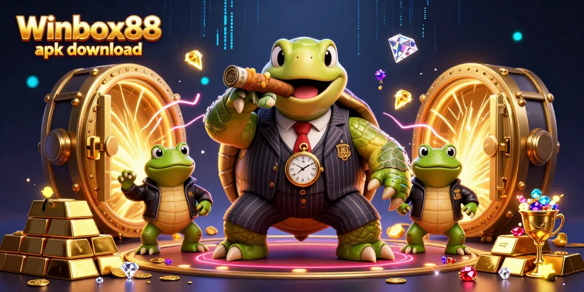 Winbox88 apk download highlighted in a vibrant 3D casino scene featuring cartoon turtle mobsters and treasure.