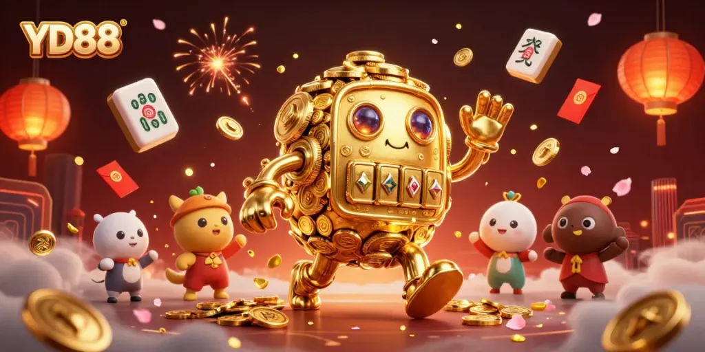 Experience the excitement of YD88's dynamic gaming world through an enchanting illustration filled with vibrant casino elements.
