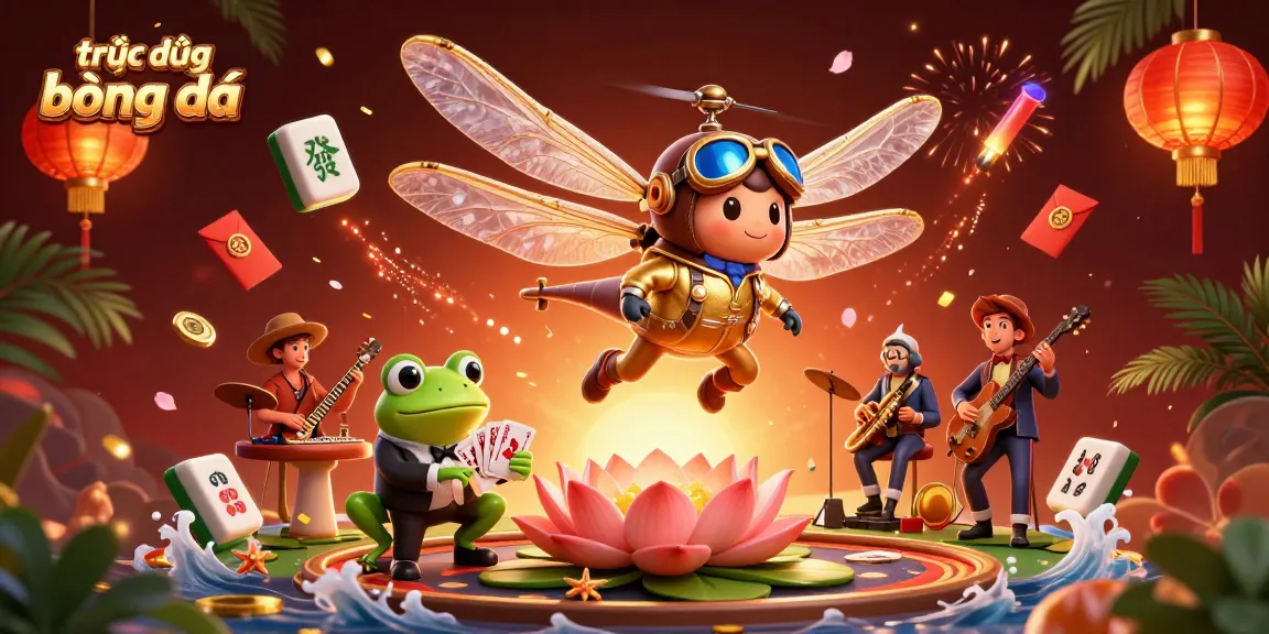 Experience trực tiếp bóng đá with a vibrant scene of a dragonfly pilot and frog dealer amidst lively casino elements.
