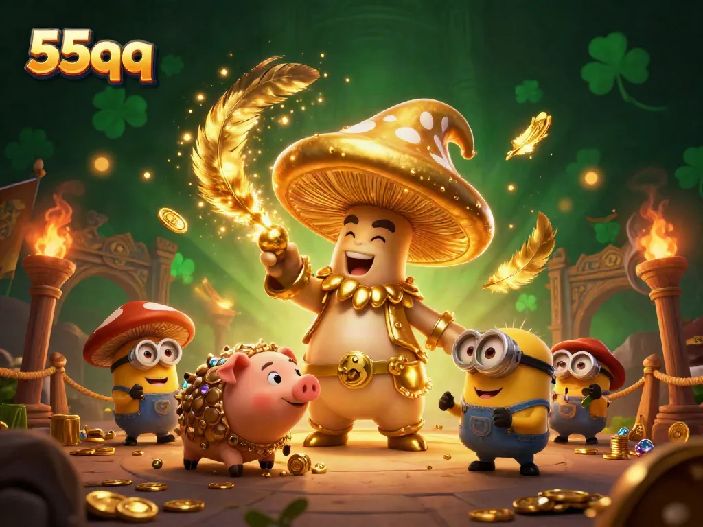 Experience the magic of 55qq with a golden mushroom wizard and treasure-hunting pig in a vibrant casino scene.