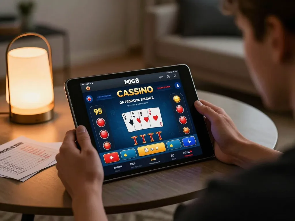 Engaged player using mig8 casino app on a tablet in cozy home setting, showcasing strategic gameplay.
