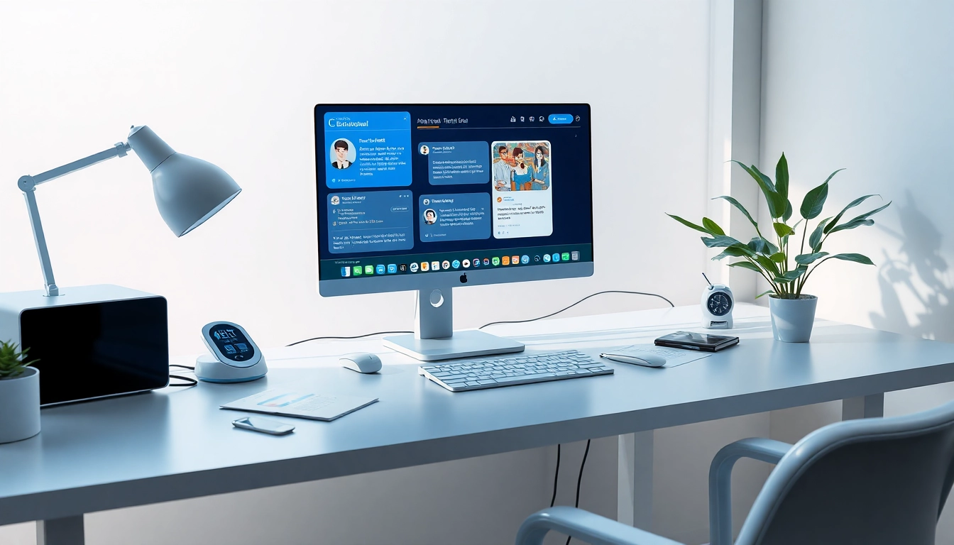 Engaging workspace showcasing crushonai AI chat, featuring tech devices and character illustrations.