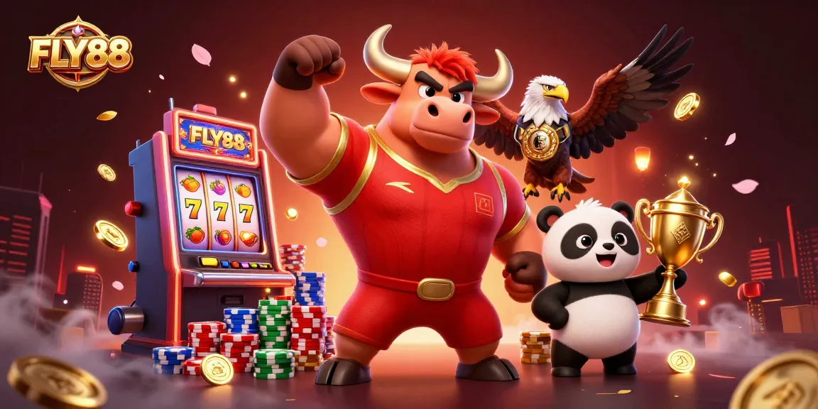 Spin and win at FLY88 with a dynamic 3D illustration featuring iconic gaming mascots amidst vibrant slots and casino elements.